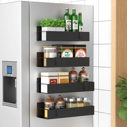 Vista 30 de HuggieGems Paquete de 6 organizadores magnéticos de almacenamiento de especias para refrigerador y horno, organizadores negros para nevera