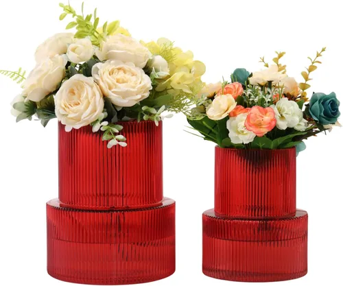 Vista 70 de Jarrones de vidrio acanalado, juego de 2 jarrones estriados para flores, florero de vidrio ámbar para tulipanes, jarrón moderno para sala de estar