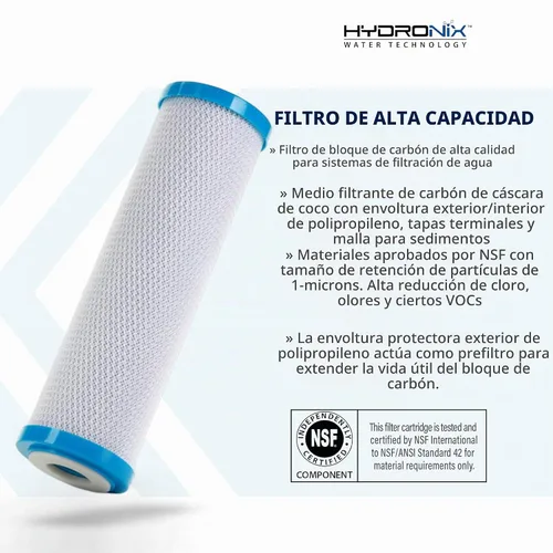 Vista 2 de Hydronix CB-25-1001 Osmosis inversa universal y sistemas de beber Filtro de agua de bloque de carbono de coco