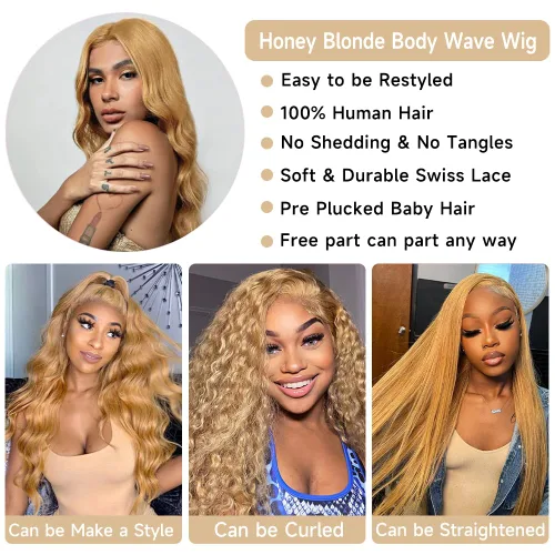 Vista 5 de Avolo Peluca de cabello humano rubio miel con encaje frontal prearrancado de 13 x 4, pelucas de encaje frontal de cabello humano coloreadas, Honey