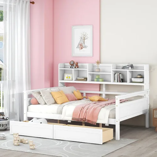 Vista 12 de Sofá cama doble con cama nido y 2 brazos de almacenamiento multifuncionales, marco de sofá cama de tela de lino con carga USB para habitación