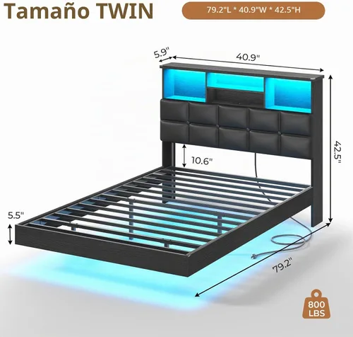Vista 2 de VIAGDO Base de cama flotante tamaño Twin con cabecera y almacenamiento, base de cama tapizada de plataforma Twin con estación de carga USB y Tipo C