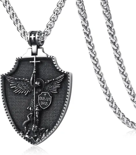 Vista 17 de Collar de San Cristóbal/Jorge/Miguel/Jesús/María para Hombre, Medallón de Santos Patrones, Joyería de Acero Inoxidable