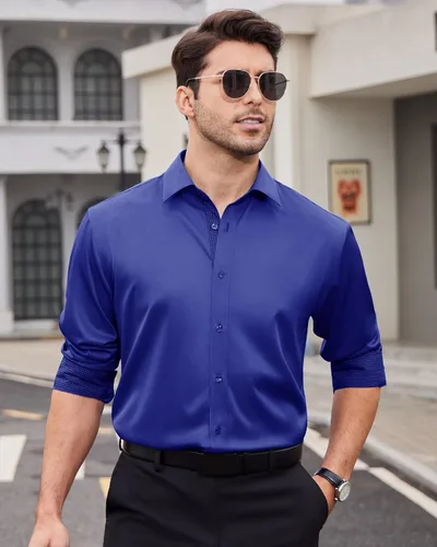 Vista 5 de Alimens & Gentle Camisas de vestir para hombre, de manga larga, sin arrugas, casual, con botones