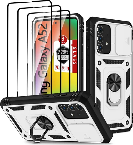 Vista 11 de Funda para Galaxy A52 4G, para Galaxy A52 5G con 3 protectores de pantalla de vidrio templado con soporte de anillo integrado + cubierta de cámara