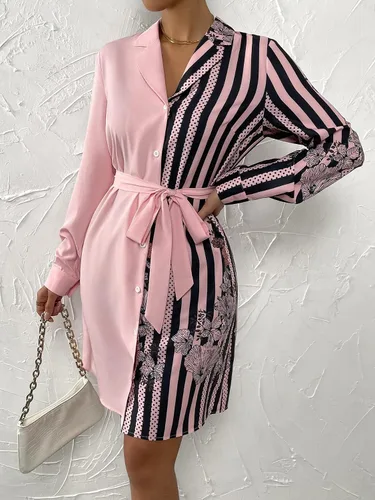 Vista 5 de WDIRARA Minivestido de manga larga con cinturón y rayas florales para mujer