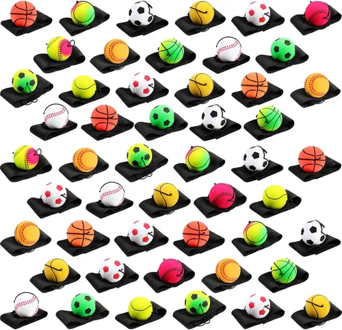 Vista 11 de Skylety Bola de Muñeca con Rebote de 1.85 Pulgadas, Bola de Deporte de Goma con Correa y Cuerda, Bolas Reboteadoras de Baloncesto, Béisbol, Fútbol