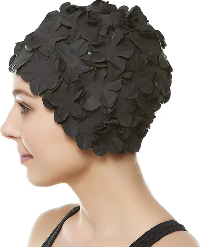Vista 5 de Gorro de baño floral de pétalo para damas BEEMO, gorra de natación retro para mujeres, pelo largo/corto