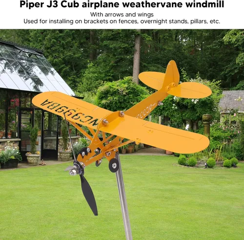 Vista 4 de J3 Cub - Veleta de avión, avión de metal 3D, molino de viento de metal, escultura de viento, escultura de viento, indicador de dirección del viento