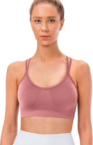 Vista 3 de VEQKING Brasier deportivo con espalda cruzada para mujer, con relleno y tirantes de soporte medio, brasier de yoga para entrenamiento, fitness