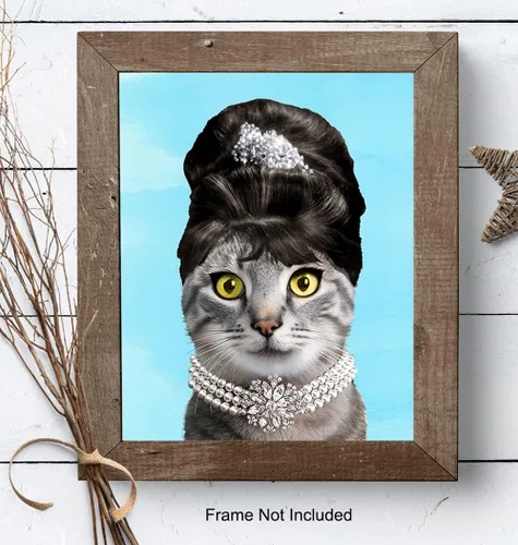 Vista 8 de Audrey Hepburn - Arte de pared – Regalos amantes de los gatos para mujeres y niñas – Arte de pared de gato – Bonita decoración de gatito – Póster