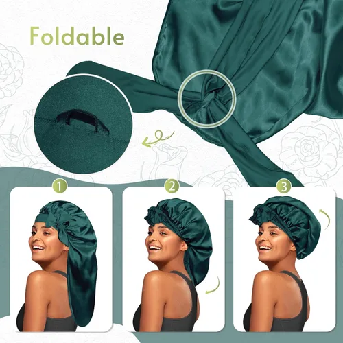 Vista 3 de BONNET QUEEN Gorro de Trenza de Seda Gorro Plegable Extra Largo para Trenzas con Banda de Atar, Capó de Satén Largo para Dormir, Verde Oscuro