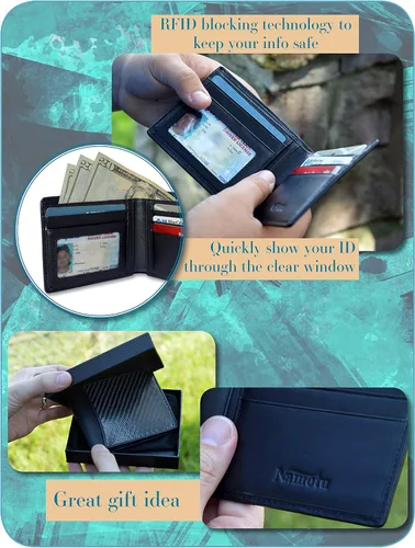 Vista 2 de Namotu Cartera de fibra de carbono real con tecnología de bloqueo RFID, cuero en bisagras y moldura ventana de identificación para hombre delgado