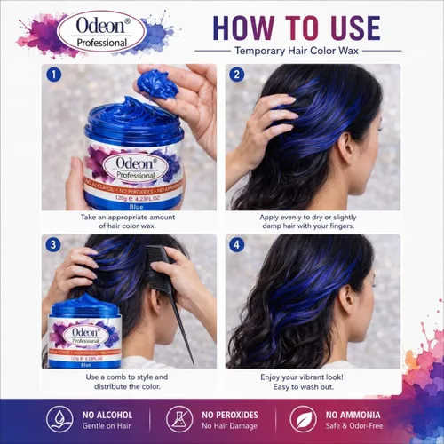 Vista 7 de Odeon Cera de color azul para el cabello, 4.23 onzas, tinte temporal lavable para el cabello con cera de abejas y árbol de té, fácil de peinar