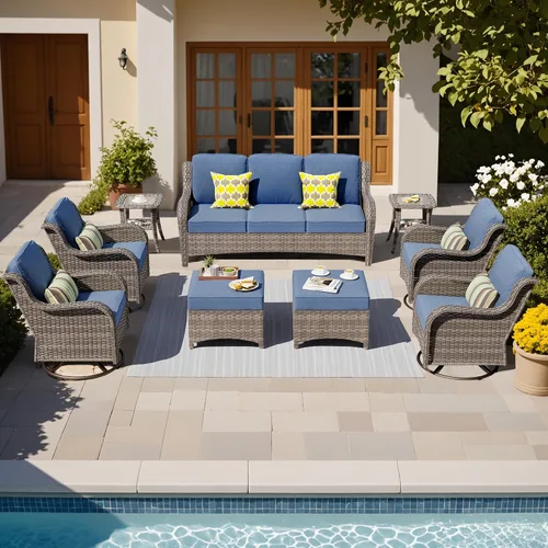 Vista 20 de Juego de muebles de exterior para patio, silla y sofá (ratán marrón, beige, 3 piezas)