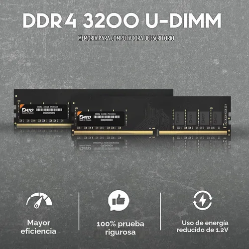 Vista 2 de Memoria RAM DATO DDR4 de 8 GB 3200 MHz, PC4-25600 CL22 1.2 V 288-pin Non-ECC sin búfer DIMM, módulo de memoria para computadora de escritorio