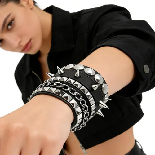 Vista 6 de 3PCS Leather Bracelets Set Studded Wrap Wrist Cuffs Punk Rock Y2K Emo Wide Wristband Accessories for Teens Women Men