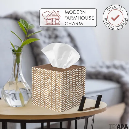 Vista 4 de Ilyapa Cubierta de madera para caja de pañuelos, diseño de espiga de madera de granero - Moderno soporte de papel impreso de madera