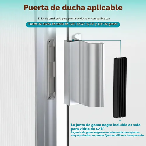 Vista 6 de Manija de puerta de ducha sin marco cromada brillante de 3-3/4 pulgadas con pestillo de metal, canal en U de acero inoxidable con imán para puerta