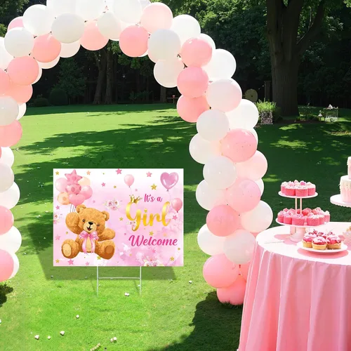 Vista 7 de Letrero de bienvenida para el patio de la niña con tema de oso lindo cartel de baby shower con estaca rosa revelación de género decoración de césped