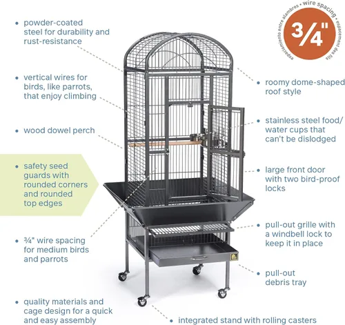 Vista 4 de Prevue Pet Products 34511 Dometop - Jaula para pájaros, pequeña, color negro Powder‑Coated Steel Cage with Wheels, Seed Guards, and Perch, Ideal