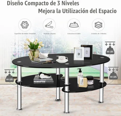 Vista 3 de Mesa de café de cristal S AFSTAR, mesa central de té de 3 niveles moderna ovalada de vidrio liso con estante de almacenamiento abierto, mesa