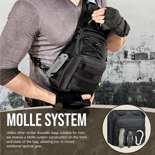 Vista 5 de Mochila táctica para el hombro, pequeña, para exteriores, para hombres, viajes, senderismo, camping, mochila para Rover, color negro