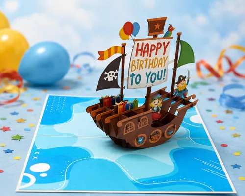 Vista 2 de ETA Tarjeta de cumpleaños emergente 3D de Pirate Ship – Divertida tarjeta de felicitación de feliz cumpleaños para niños, niñas, niños pequeños