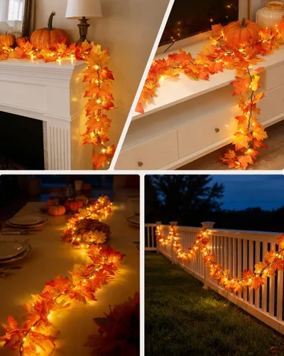 Vista 6 de Guirnalda de otoño de 60 luces LED de 9.8 pies con luces, 8 modos de iluminación, luces de hojas de arce alimentadas por pilas, decoraciones