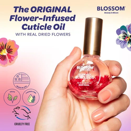 Vista 4 de Blossom Aceite para cutículas hidratante, hidratante, fortalecedor, perfumado, infundido con flores reales, fabricado en Estados Unidos, 0.84 onzas