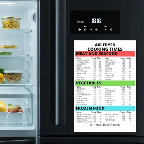 Vista 5 de Freidora de aire Imán Tiempos de cocción 6x9 Tabla de conversión de cocina - Carne Mariscos Verduras Alimentos congelados - Guía de cocción con imán