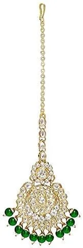 Vista 4 de Aheli Indian Ethnic Wedding Faux Kundan Beaded Bridal Long Necklace Earrings with Maang Tikka Traditional Jewellery Set for Women