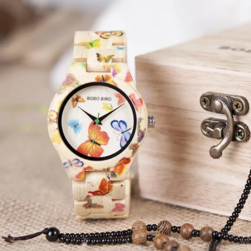 Vista 4 de BOBO BIRD Reloj de bambú para mujer, diseño de mariposa, hecho a mano, hecho a mano