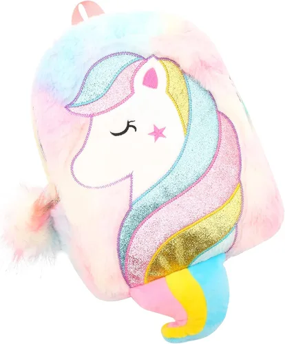 Vista 8 de CBOALOGR - Mochila pequeña de peluche de unicornio para niñas de 3 a 6 años, Bonita bolsa de viaje de unicornio de peluche para niños pequeños
