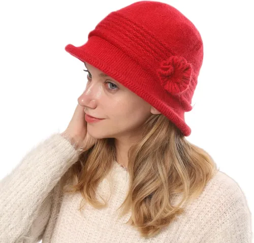 Vista 10 de C-US - Gorro de punto cálido para mujer, con visera de ganchillo con acento de flores