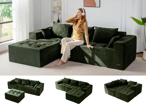 Vista 11 de MAXYOYO - Sofá modular modular en forma de L, sofá de nube sin hueso con otomana flexible, tapizado de felpilla para sala de estar, no requiere Negro