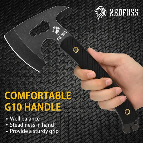 Vista 2 de NedFoss Bison Hacha táctica de hacha de 9.8 pulgadas, hacha Tomahawk con funda de cuero genuino y mango G10, equipo de campamento compacto con hacha