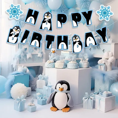 Vista 3 de Cartel de feliz cumpleaños de pingüino, decoraciones de fiesta, suministros de baby shower, recuerdos de fiesta para niños, adolescentes, regalos