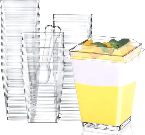 Vista 12 de Eupako Paquete de 100 vasos cuadrados de plástico transparente de 5 onzas, vasos pequeños de plástico transparente, ideales para postres