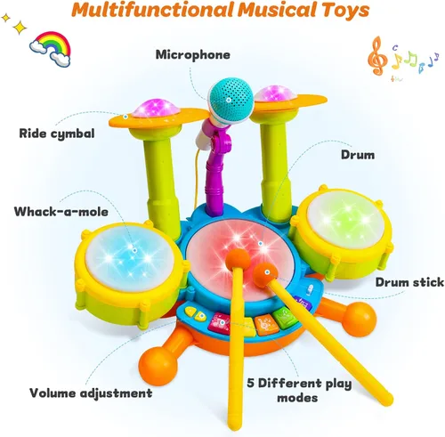 Vista 3 de Juego de batería para niños pequeños de 1 a 3 años, juguetes musicales para bebés de 1 año, regalos para niños, juguetes Montessori para niñas
