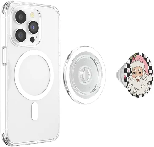 Vista 4 de PopSockets MagSafe PopGrip para iPhone con diseño de nieve floral rosa a cuadros de Papá Noel retro de Navidad