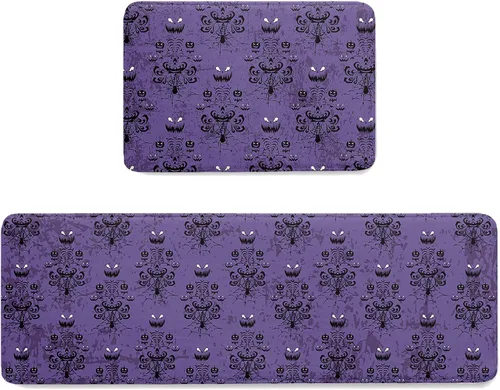 Vista 7 de Libaoge Tapete de cocina de Halloween, 1 unidad, diseño de mansión encantada de Halloween, fondo morado, antifatiga, cómodo, tapete de pie de espuma