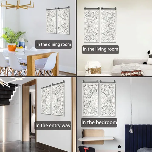 Vista 5 de LuxenHome - Arte de pared de madera tallada, esculturas de pared de madera de 33 pulgadas, paneles 3D con patrón floral, decoración de pared