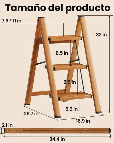 Vista 8 de SOLADDER Escalera de 3 escalones, taburete plegable ligero, grano de madera Woodgrain