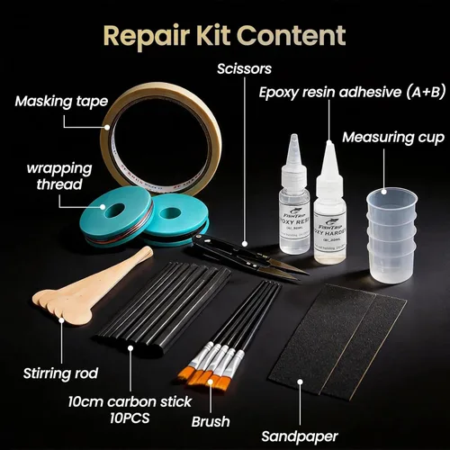 Vista 2 de FishTrip Kit de reparación de caña de pescar completo con epoxi, kit de construcción de palos de fibra de carbono de 10 piezas, pegamento AB, hilo