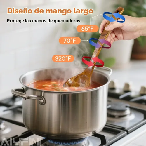 Vista 5 de Utensilios de madera no tóxicos para cocinar - Acacia natural y sin pegamento, juego de espátulas grandes de 15.4" con mango largo resistente al