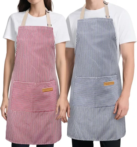 Vista 9 de Cardkiss Paquete de 2 Delantales de Cocina, Delantales Suaves para Mujeres y Hombres con 2 Bolsillos, Delantal de Chef con Correa Ajustable