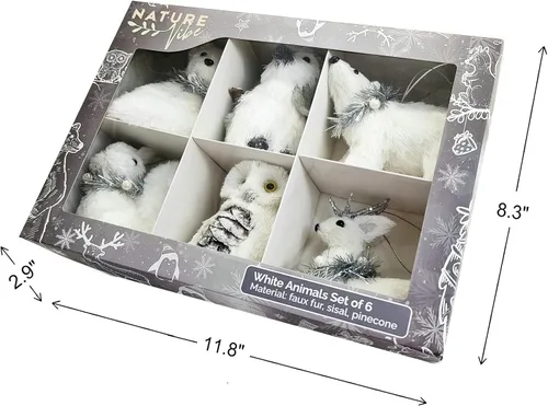 Vista 2 de Nature Vibe - Adornos de animales polares de sisal para árbol de Navidad, juego de 6 figuras de animales árticos en caja de regalo como adornos