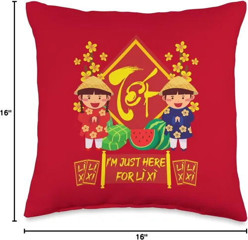 Vista 4 de Kids Funny Meaningful Vietnamese New Year Phrases I'm Just Here for Li Xi Almohada vietnamita para niños de Año Nuevo lunar 2022, 16 x 16