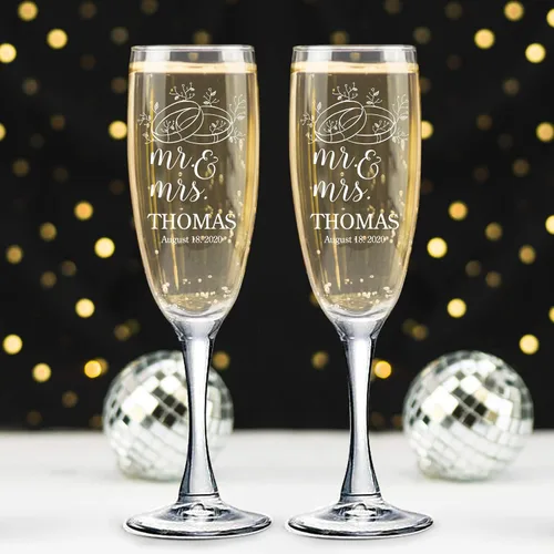 Vista 28 de Juego de 2 copas de champán personalizadas para boda grabadas con caja - Bride & Groom's Wedding Toast